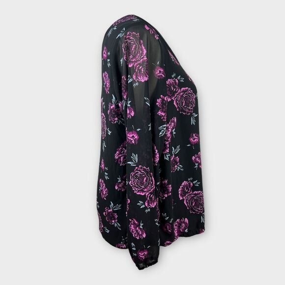Torrid Womens 1X Black Purple Floral Strappy Back Double V Stretchy Hem Blouse - Picture 2 of 8